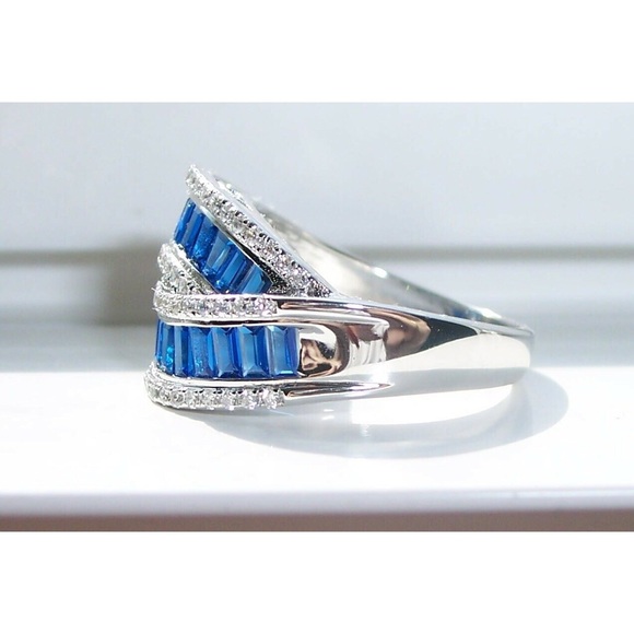 925 STERLING SILVER Blue Spinel & Cubic Zirconia Crossover Ring - Picture 8 of 15